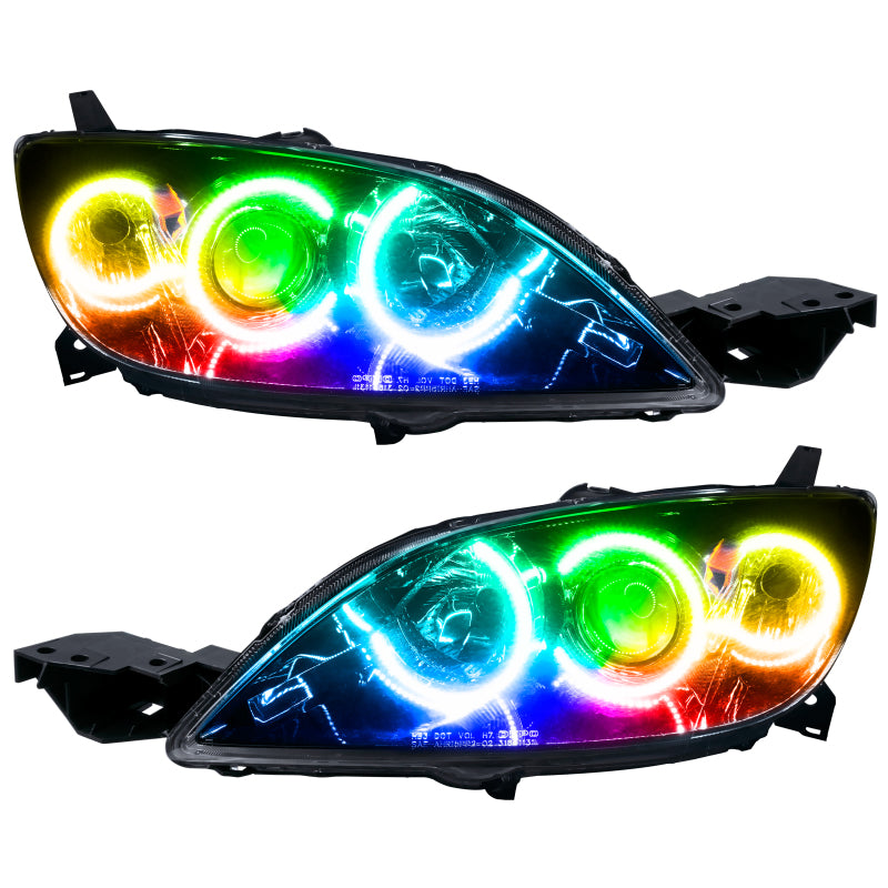 Oracle 04-09 Mazda 3 SMD headlights with ColorSHIFT technology, featuring Chrome and Black housing options.